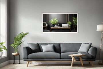 Interior mockup with picture frame on a Wall. Living room in pastel colors with sofa and painting on a wall 3D render.