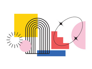 Print with naive geometric shapes. Modern Abstract composition. Creative geometric art poster. Y2k. Memphis and hipster style. Gelatos Color. Bauhaus, Minimalist aesthetic. Arches, rainbow, sparkles