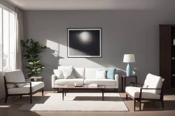 Living room Interior mockup with picture frame on a Wall. Room design with sofa and painting on a wall 3D render.