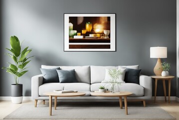 Living room Interior mockup with picture frame on a Wall. Room design with sofa and painting on a wall 3D render.