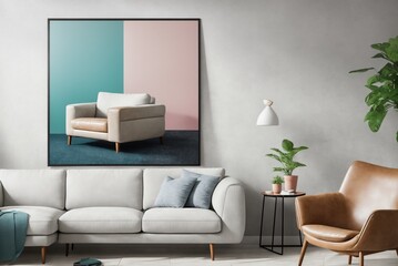 Living room Interior mockup with picture frame on a Wall. Room design with sofa and painting on a wall 3D render.