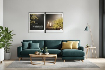 Living room Interior mockup with picture frame on a Wall. Room design with sofa and painting on a wall 3D render.