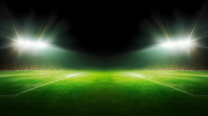 Green soccer field, bright spotlights