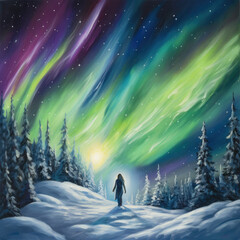 winter landscape northern light nebula - by generative ai