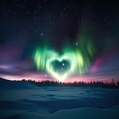 heart love aurora borealis above the mountains - by generative ai