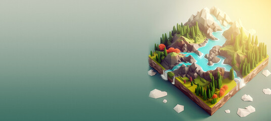 3D design isometric view of a nature landscape with copy space. Generative AI.