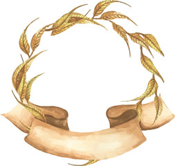Autumn Wreath with ribbon. Fall leaves. Perfect for wedding invitations, greeting cards, blogs, prints and more. Hand drawn watercolor illustration.