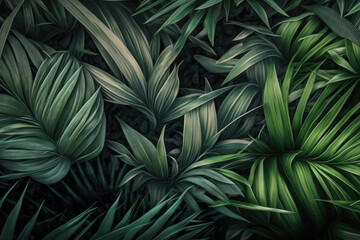 AI generated closeup nature view of green leaves floral jungle pattern at dark background