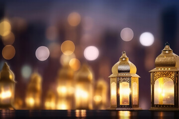 Fototapeta na wymiar elegant table decorated with lanterns and candles creates a warm and welcoming atmosphere for the Muslim feast of Eid al-Fitr. Ai Generative
