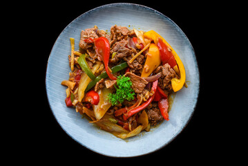 Satay fried beef with with pepper in vietnamese style for a menu