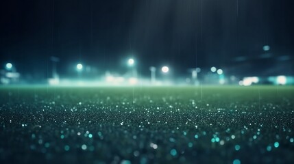 Rainy soccer field blurred background at night illuminated by bright lights. Generative AI