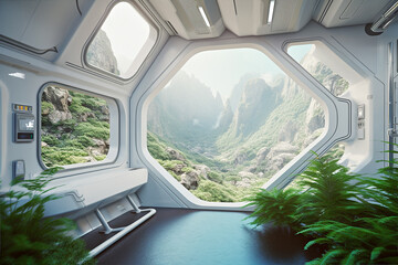Generative ai illustration of a sci-fi futuristic interior design with windows