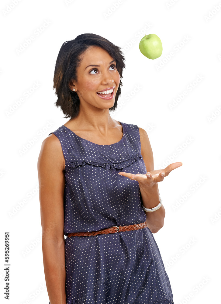 Sticker Apple throw, happy or woman smile for healthy lifestyle, lose weight progress and natural fruits. Health food, diet balance or female model with wellness isolated on a transparent, png background