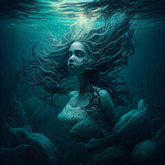 Mermaid swimming underwater generated by AI