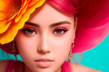 Portrait of a beautiful young woman in a summer hat. Beauty, fashion. Generative AI.