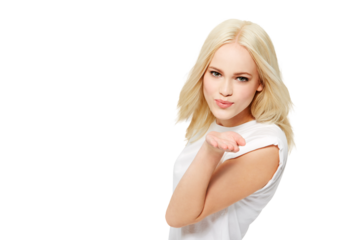 Portrait, blowing kiss and face of woman with romantic gesture for Valentines Day date, love and support care. Beauty, romance and flirting female model isolated on a transparent, png background