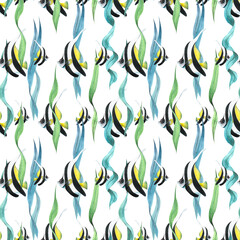 Bright, striped, tropical yellow-black-white fish moorish idol with seaweed. Watercolor illustration, hand drawn. Seamless pattern on a white background.