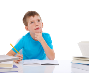 Education, thinking and notebook with boy on png for learning, knowledge or study. Homework, school and assessment with young student and idea isolated on transparent background for child development