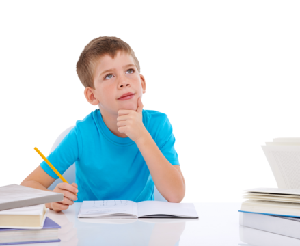Education, thinking and notebook with boy on png for learning, knowledge or study. Homework, school and assessment with young student and idea isolated on transparent background for child development - Powered by Adobe