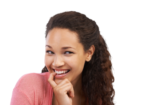 Happy, woman and bite finger to flirt with playful attitude isolated on a transparent, png background. Face, beautiful and young female person standing to have fun with happiness idea and smile