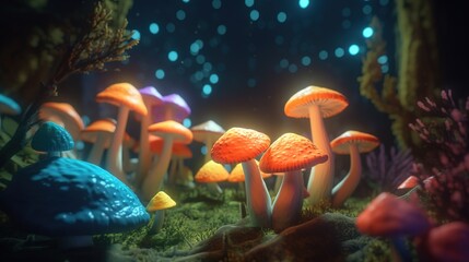 Fototapeta na wymiar Luminous Colorful Mushrooms in a Psychedelic Space Fantasy. Generative ai