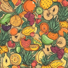 Pattern of assorted tropical fruit, cartoon style, doodles