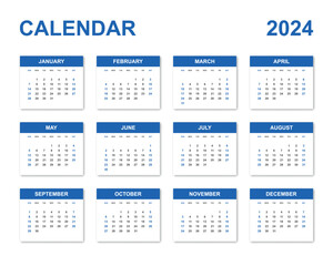 2024 calendar template with shadow vector illustration.