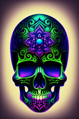 Psychedelic Skull with Floral Patterns, Vibrant Skull with Flowers and Patterns, Flower Power Skull in Vibrant Colors, Skull with Floral Designs, Green and Purple Gradient Skull, Generative AI 