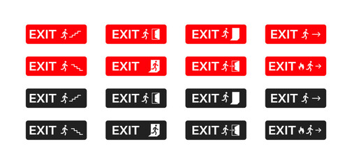 Emergency exit icon set with human figure, doors, stairs and arrows. Vector EPS 10