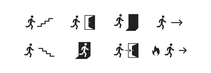 Emergency exit icon set with human figure, doors, stairs and arrows. Vector EPS 10