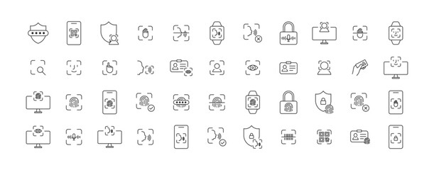 Fototapeta na wymiar Scan icon set. Face, voice, eye, fingerprint recognition thin line icons. Touch id, face id, voice id, security symbol. Document identification. Vector EPS 10