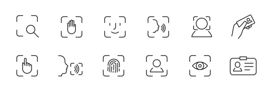 Scan icon set. Face, voice, eye, fingerprint recognition thin line icons. Touch id, face id, voice id, security symbol. Document identification. Vector EPS 10