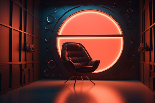Retro-futuristic room with a chair. Generative AI