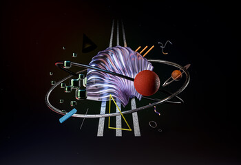 3d rendering, abstract scene with geometric shapes and space views.