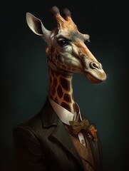 Portrait of a long neck Giraffe with a brown bowtie and jacket. Generative AI 
