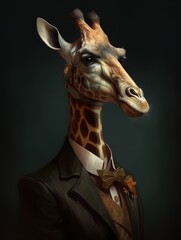 Obraz premium Portrait of a long neck Giraffe with a brown bowtie and jacket. Generative AI 