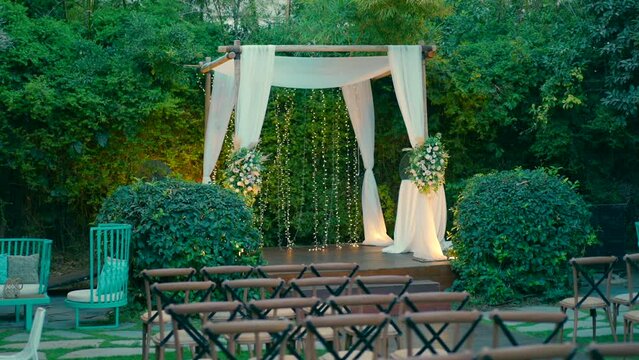 A beautiful canopy in the event garden in the evening. High quality FullHD footage