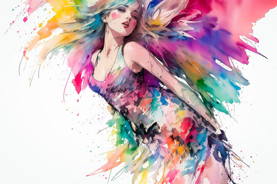 カラフルな色彩あふれる女性の水彩画イメージ2 Colorful Watercolor Image of a Woman generative AI