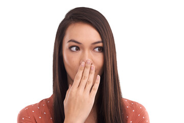 Wow, shock and woman with hand on mouth for surprise news isolated on transparent, png background....