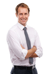 Happy business man, portrait and arms crossed isolated on transparent png background. Male manager, professional corporate employee and confidence for management, motivation and smile of entrepreneur