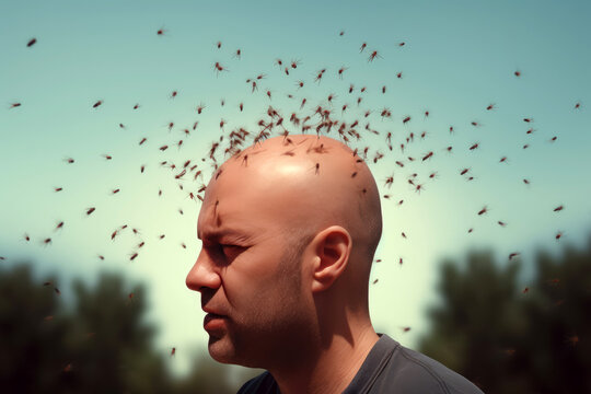 Mann mit Schwarm von Stechmücken um seinen Kopf - Generative AI