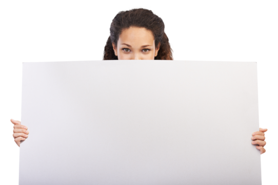 Portrait of woman behind empty sign, promo and space for information isolated on transparent png background. Promotion, mockup and girl holding blank paper poster in hand for ad presentation or offer