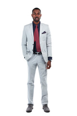 Businessman, serious and portrait of a black man entrepreneur isolated in a transparent png background. Corporate, worker and young professional male person, manager or employee in a fashion suit