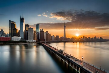 Obraz premium Skyline einer Großstadt im Sonnenuntergang