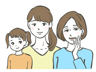 笑顔が素敵な三世代の母娘の上半身イラスト