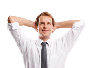 Business, happy man and hands behind head for thinking of ideas, goals or planning future. Male worker stretching to daydream of complete vision, inspiration or isolated on transparent png background