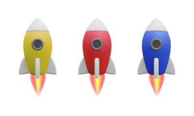 3D Cartoon rocket isolated on white background. .Rocket Icon for Graphic Design Projects..Space  launch, Rocket product cover, Startup creative idea, Vector illustration