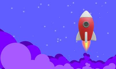 Rocket launch in the sky above the clouds. Spaceship in clouds of smoke. Business concept. Vector illustration
