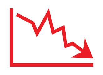 Red arrow going down stock icon on white background. Decrease, Bankruptcy, financial market crash icon for your web site design, logo, app, UI. graph chart downtrend symbol.chart going down sign.
