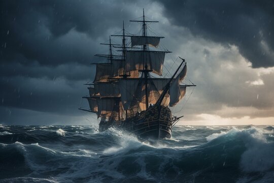 A tall ship battles a tempest amid stormy skies and lightning. Generative AI © Ebrahim